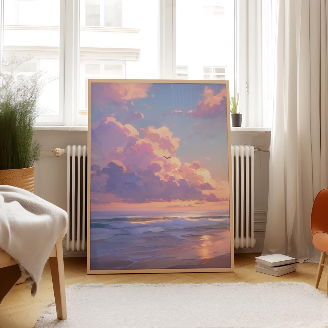 Pastel Beach Sunset Pink Clouds Serene Ocean Waves Shore Poster - Image 4
