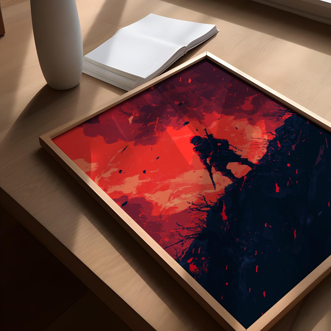 Pixel Art Warrior Red Sky Apocalyptic Soldier Silhouette Art Poster - Image 3