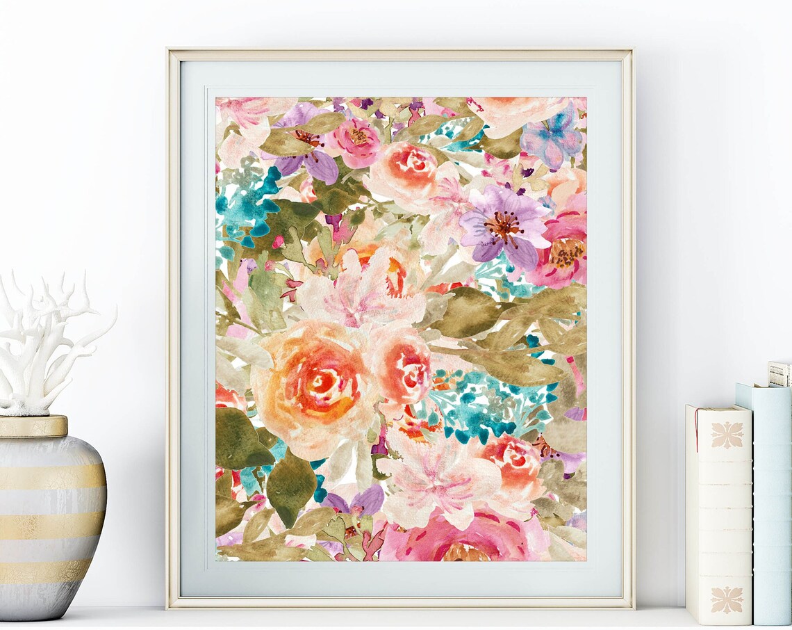 Spring Floral Collage Watercolor Roses Peony Garden Art Poster