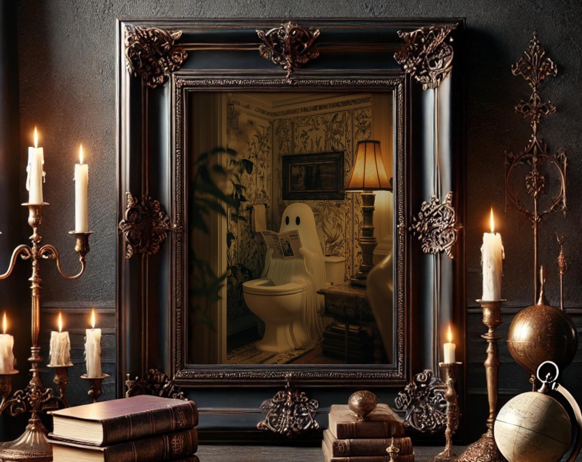 Spooky Ghost Reading in Bathroom Dark Academia Halloween Poster