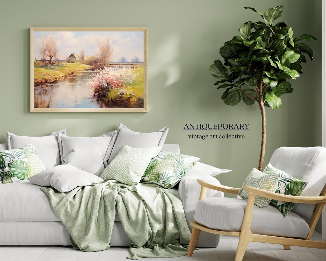 Spring Blossom Stream Countryside Cottage Peaceful Landscape Art Poster - Image 4