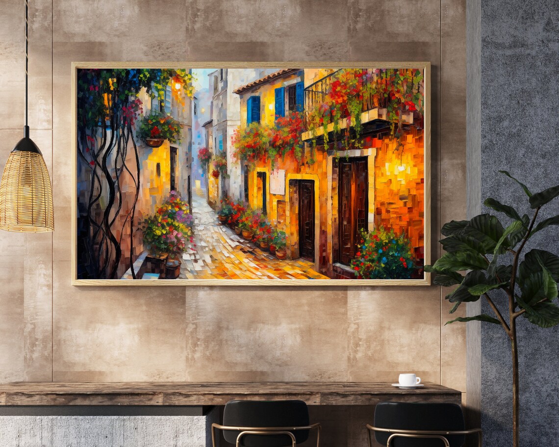 Flower Filled Italian Alley Cobblestone Street Warm Light Art Poster - Image 7