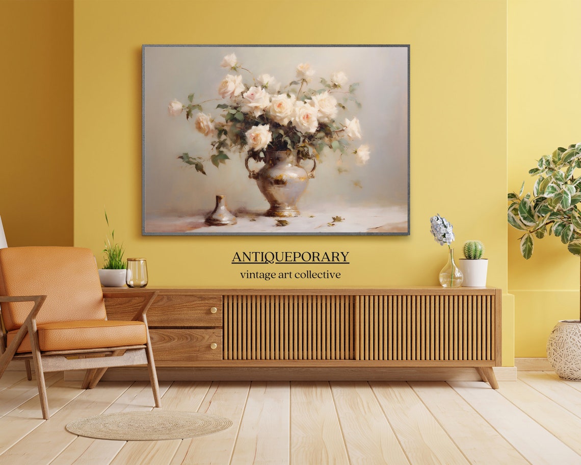 Neutral Flowers Vase Still Life Oil Painting Vintage Still Life Wall Art Antique Flowers Oil Painting Floral Botanical Print - Image 4