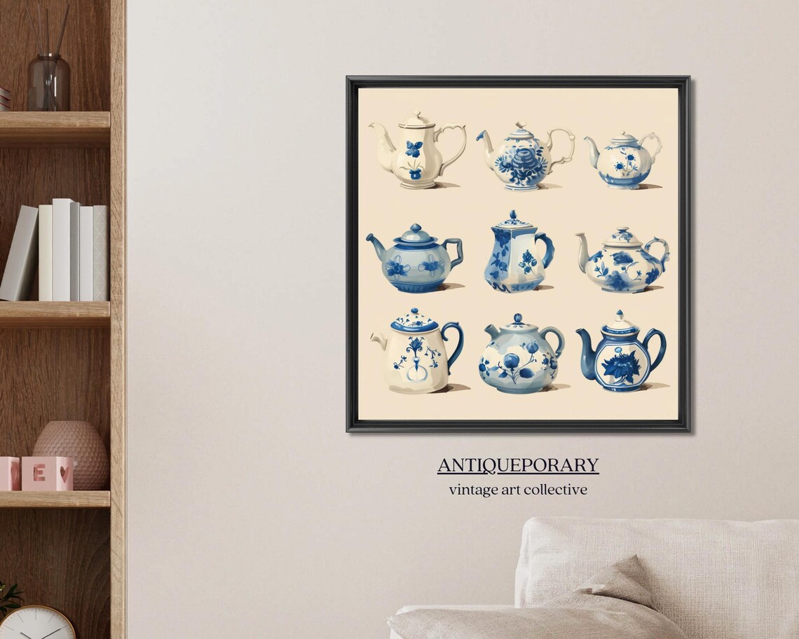 Blue and White Delft Teapot Collection Vintage Kitchen Art Poster - Image 3