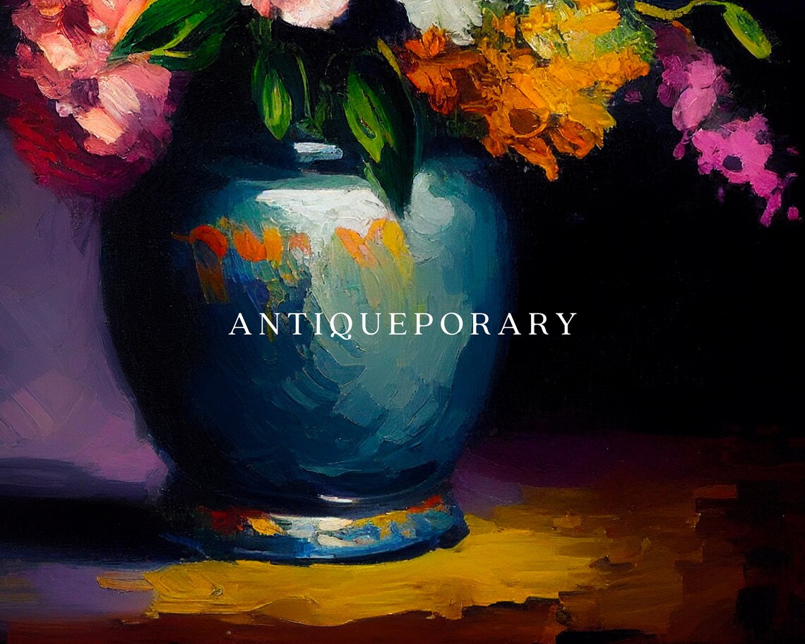 Lush Colorful Bouquet in Teal Ceramic Vase Dark Background Print - Image 2