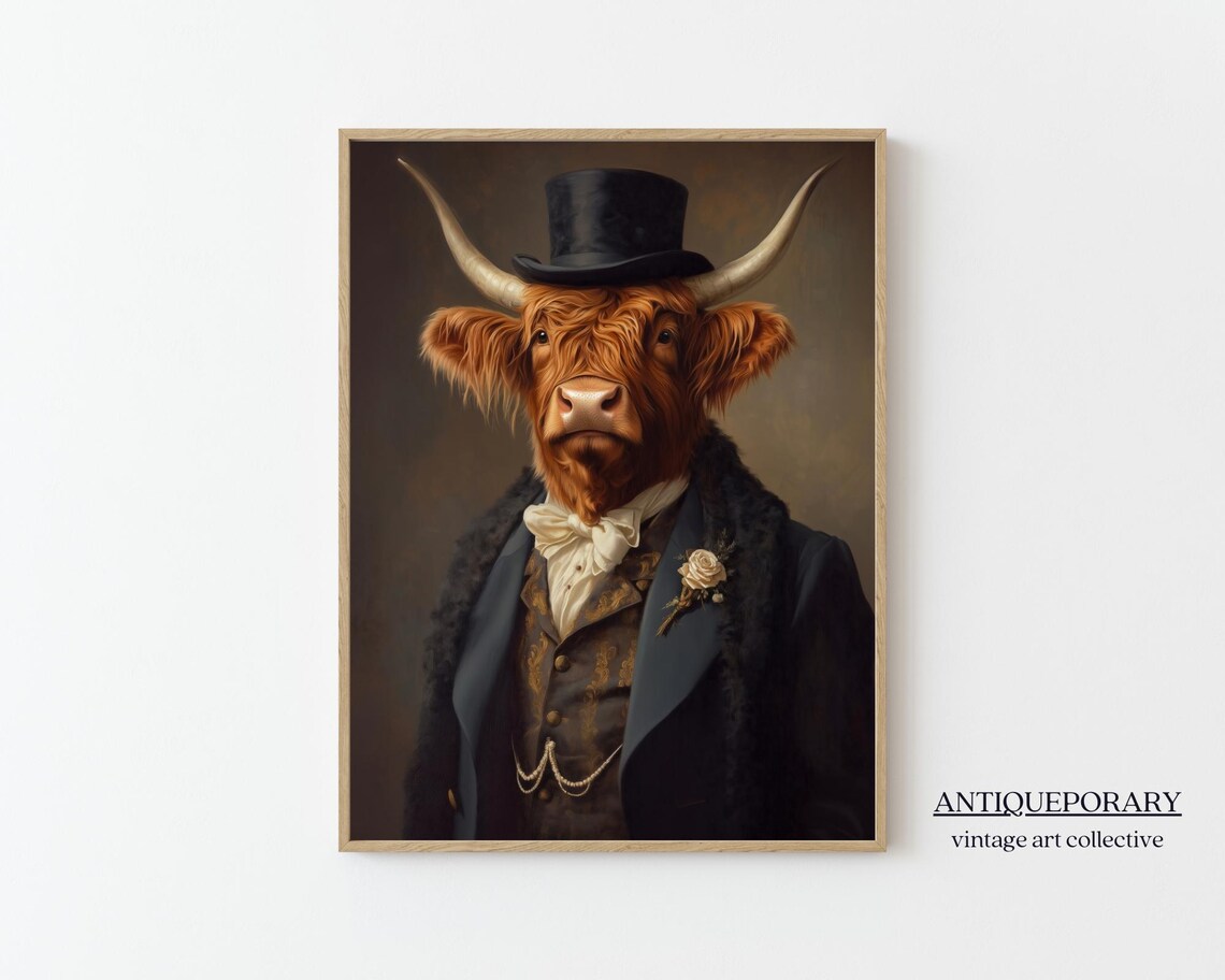 Highland Cow Top Hat Tailcoat Dapper Vintage Animal Portrait Poster