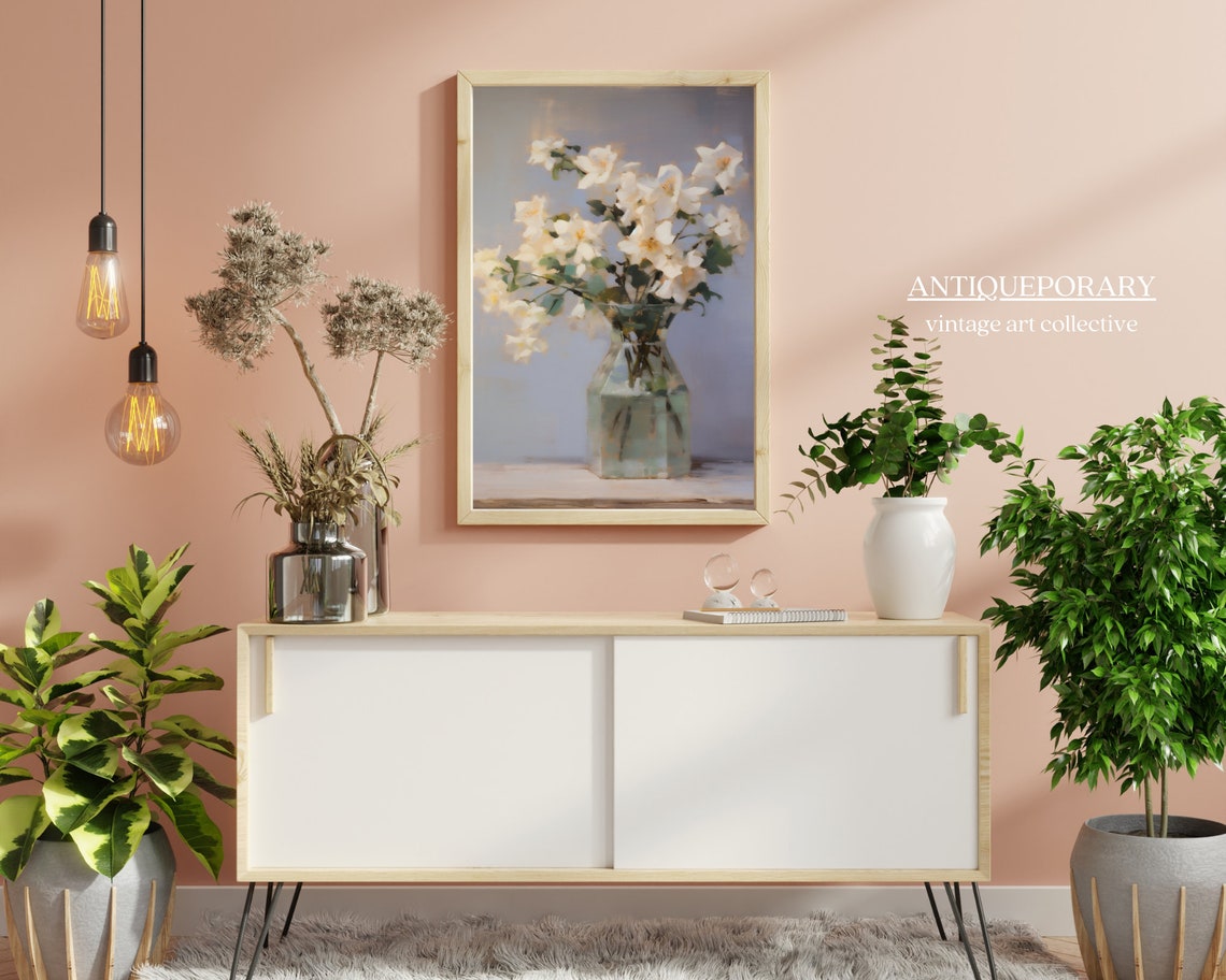 Flower Vase Still Life Painting Neutral Still Life Painting Vintage Kitchen Print Neutral Flower Oil Painting Farmhouse Decor - Image 7