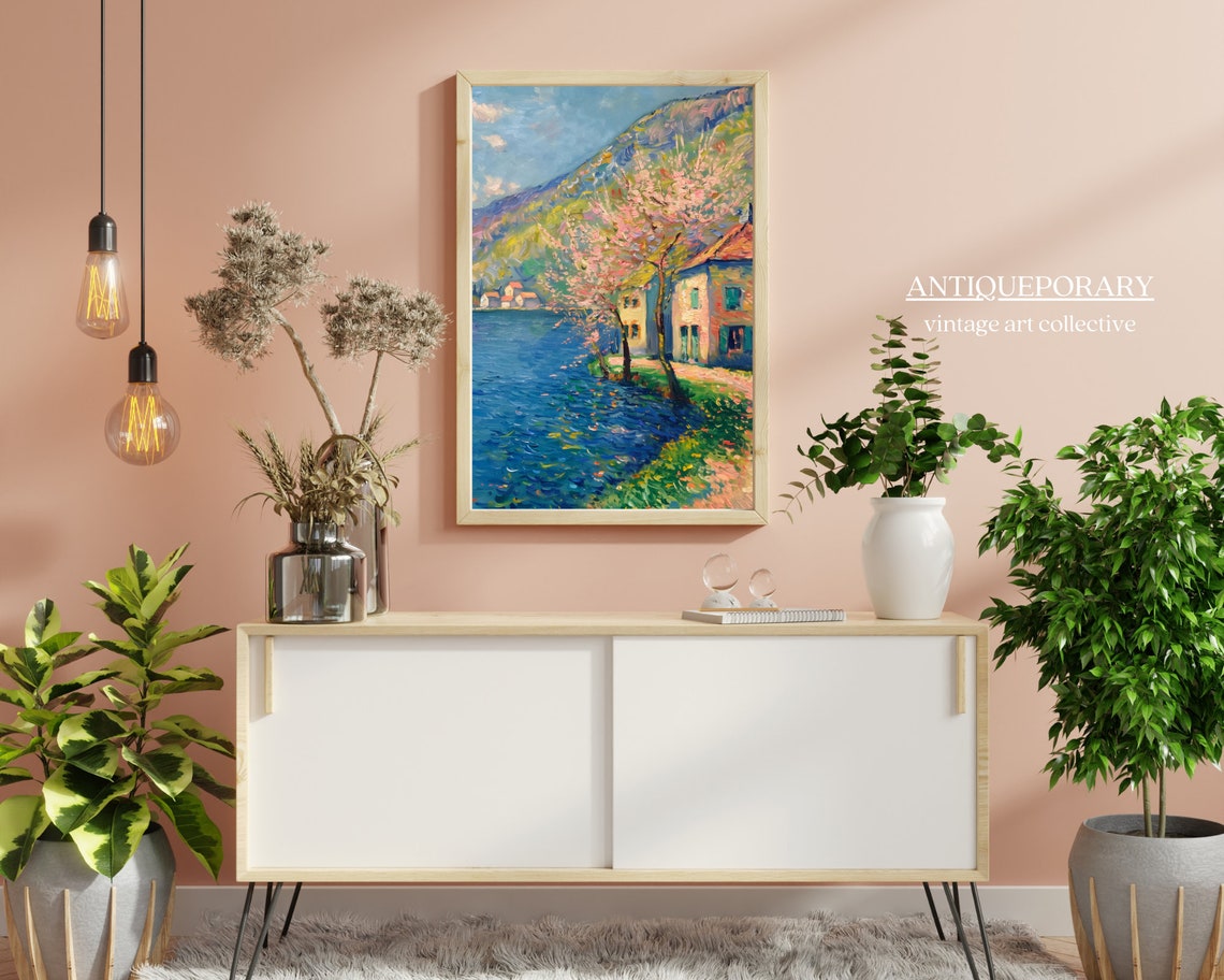 Spring Lakeside Village Blossom Impressionist Landscape Wall Art
