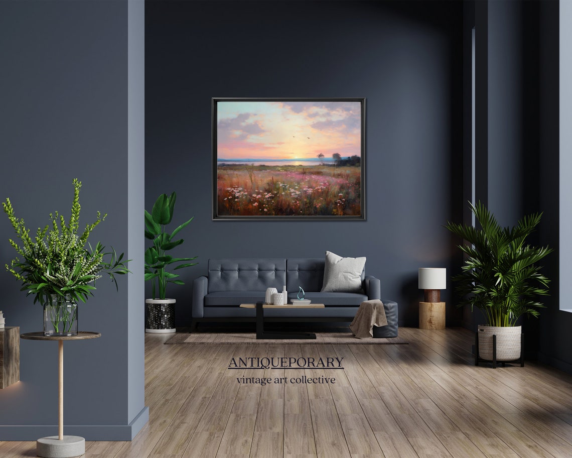 Sunset Wildflower Field Lake Reflection Impressionist Style Poster - Image 5