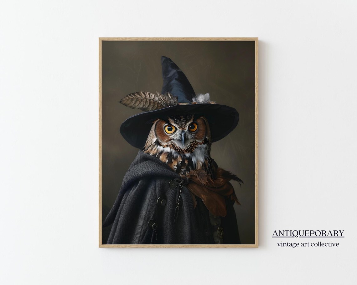 Witch Hat Owl Portrait Halloween Cloak Vintage Style Painting Poster