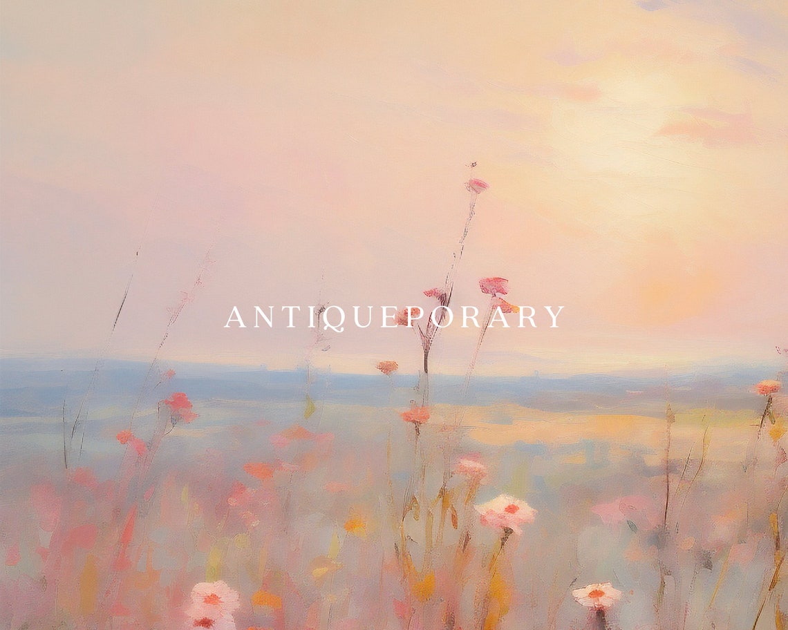 Pink Wildflowers at Sunset Dreamy Pastel Field Vintage Painting Poster - Image 3