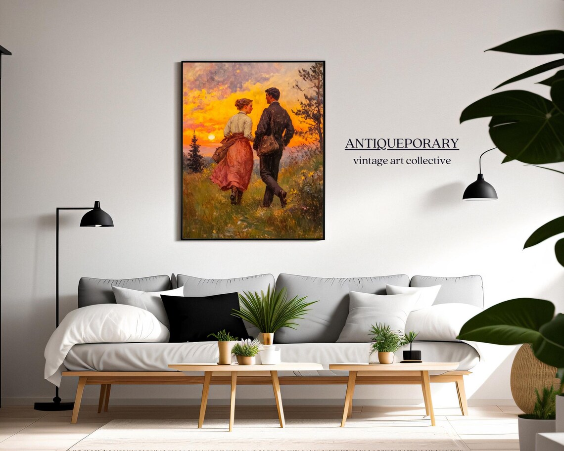 Vintage Lovers at Sunset Romantic Couple Walking Through Field Poster - Image 7