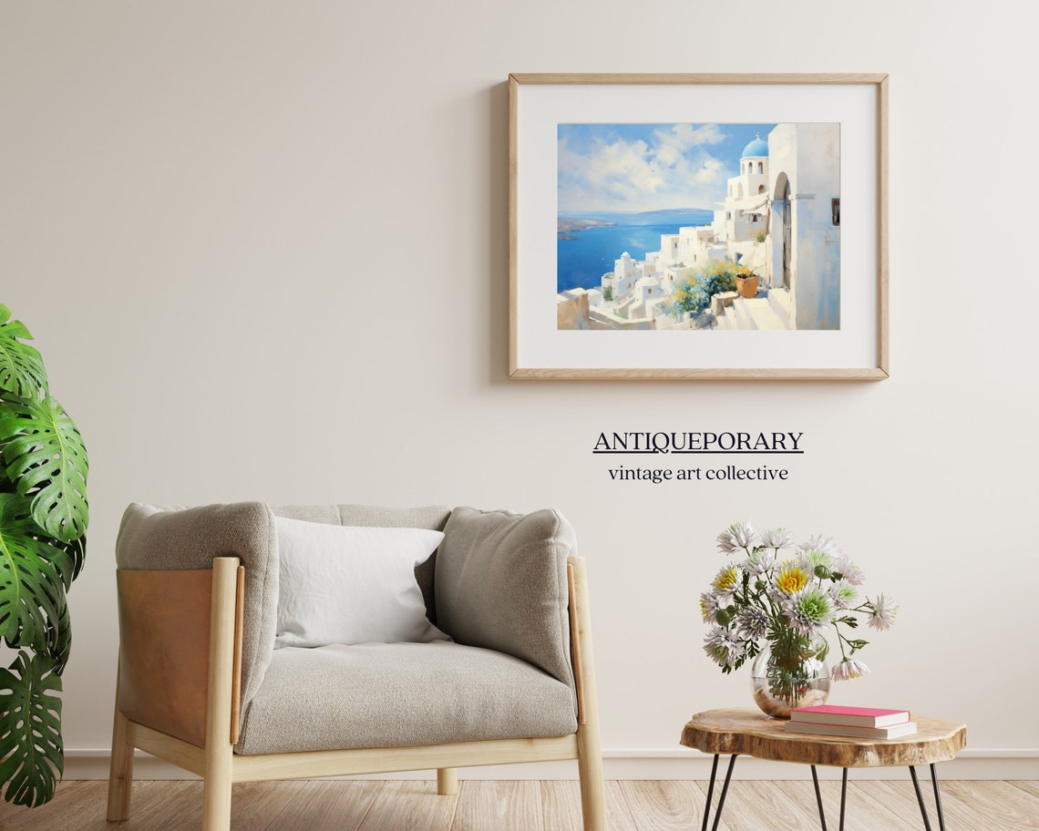 Santorini Art Painting Greek Old Town Cityscape Painting Mediterranean Landscape Neutral Vintage Oil Painting - Image 3