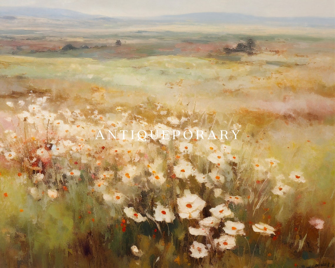 Wildflower Field Landscape Oil Painting Vintage Landscape Art Print White Flowers Country Field Art Nature Art - Image 2