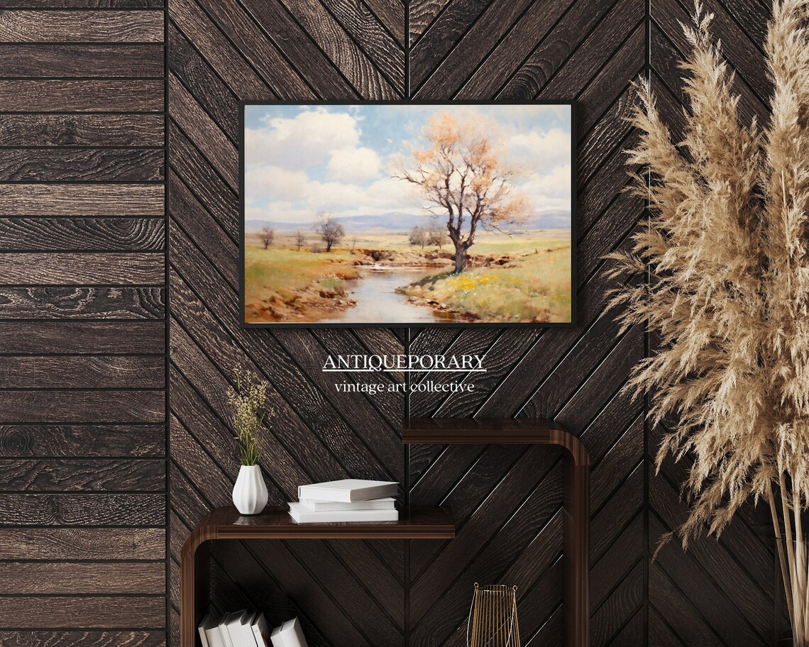 Spring River Meadow Landscape with Golden Tree Pastoral Oil Poster - Image 4