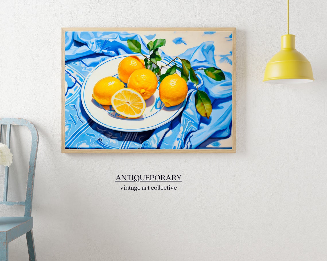 Lemon Still Life Blue Patterned Cloth Bright Citrus Painting Poster - Image 7