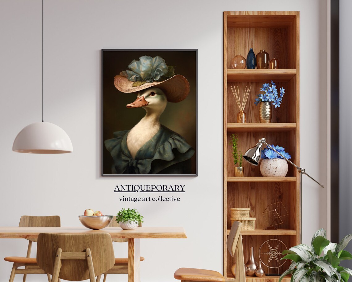 Charming Duck Lady Straw Hat Blue Bloom Oil Portrait Animal Art Poster - Image 5