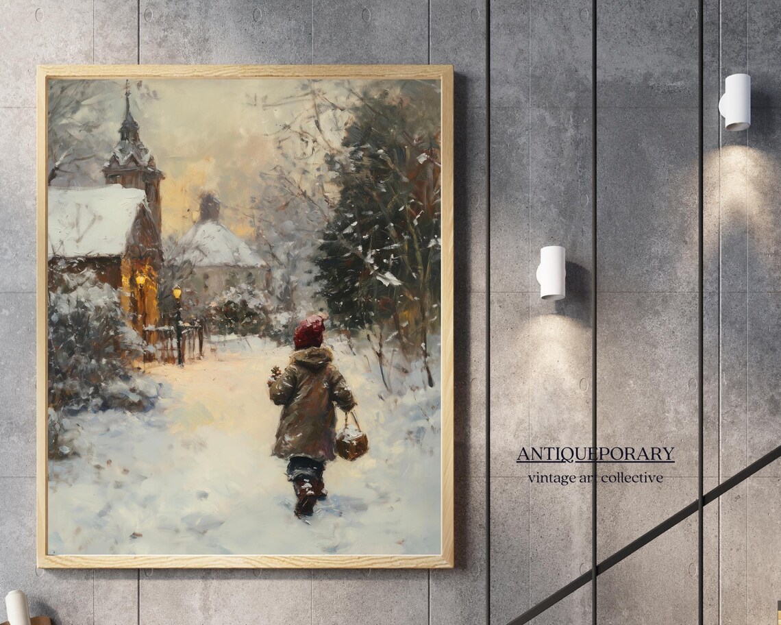 Child Walking a Snowy Village Street at Dusk Winter Scene Poster - Image 6