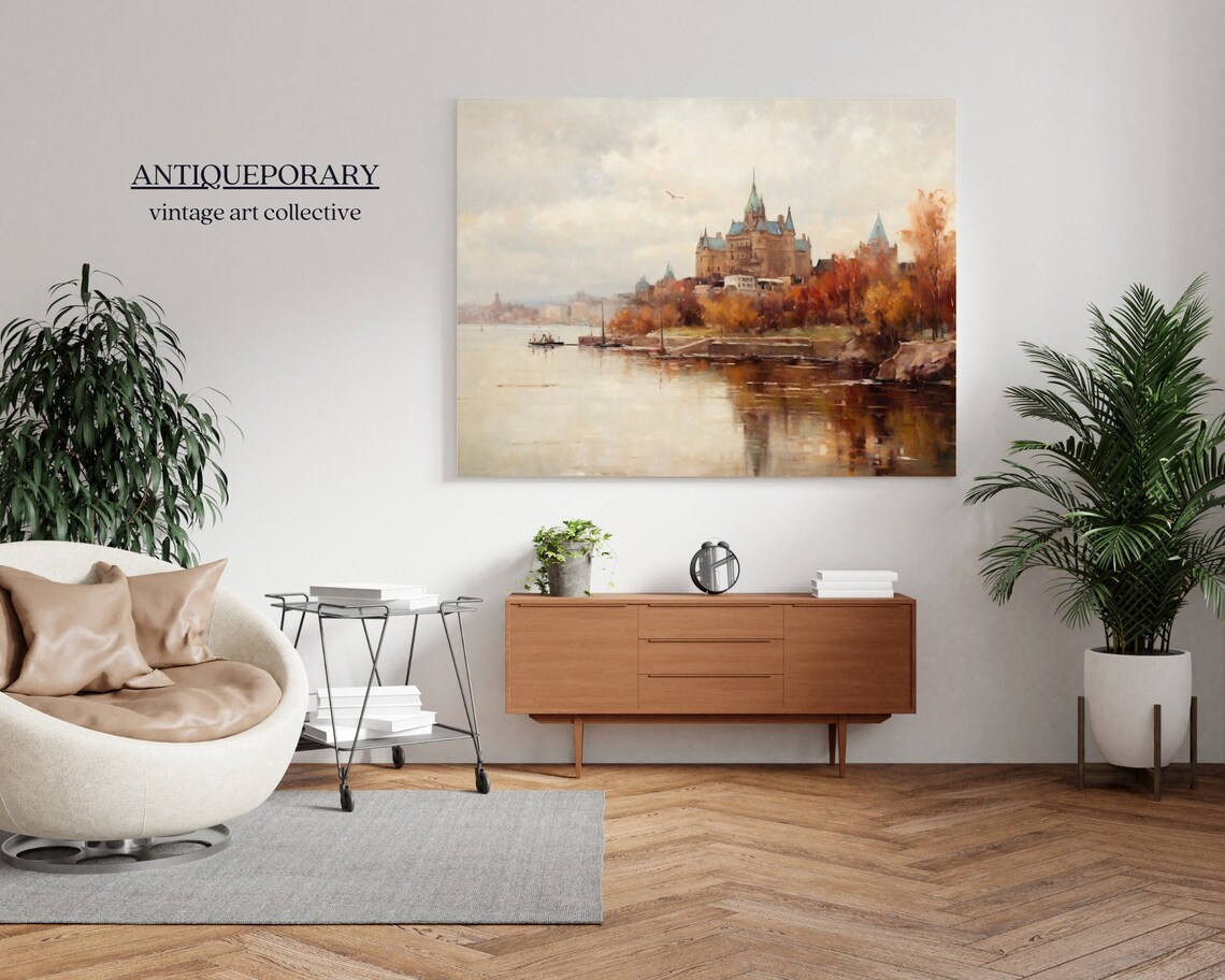 Grand Chateau Riverbank Autumn Foliage Vintage Cityscape Poster - Image 5
