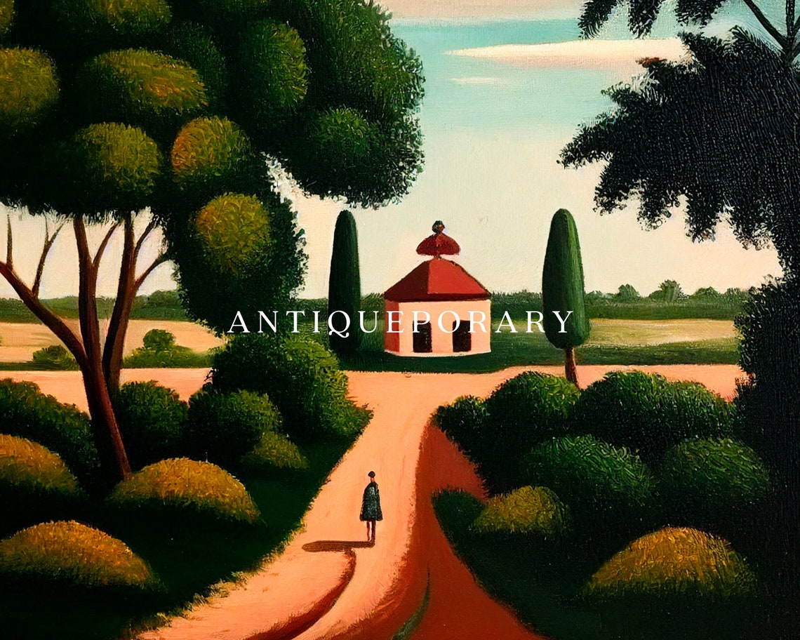 Naive Folk Landscape Chapel Road Big Tree Primitive Painting Poster - Image 2