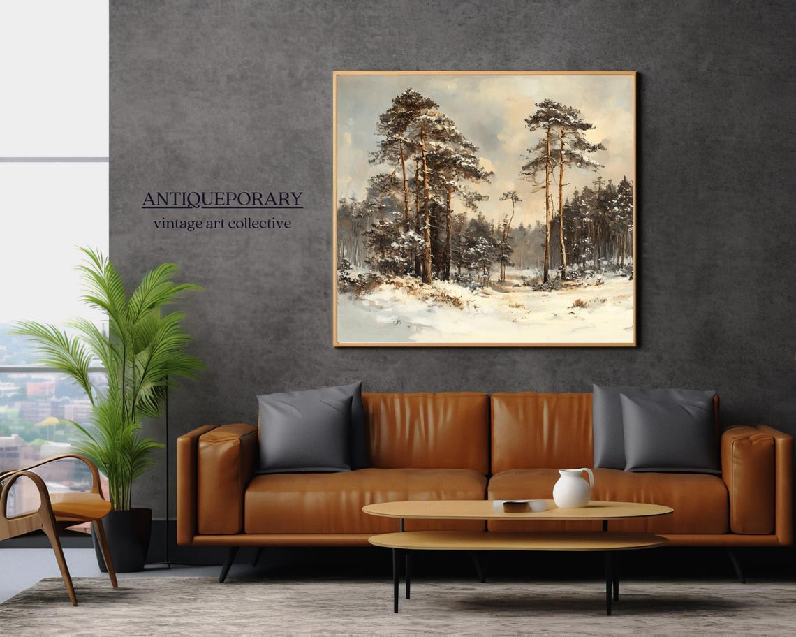 Snowy Pine Forest Winter Landscape Muted Vintage Painting Poster - Image 6