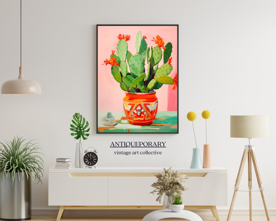 Blooming Prickly Pear Cactus in Patterned Orange Pot Pink Poster - Image 7