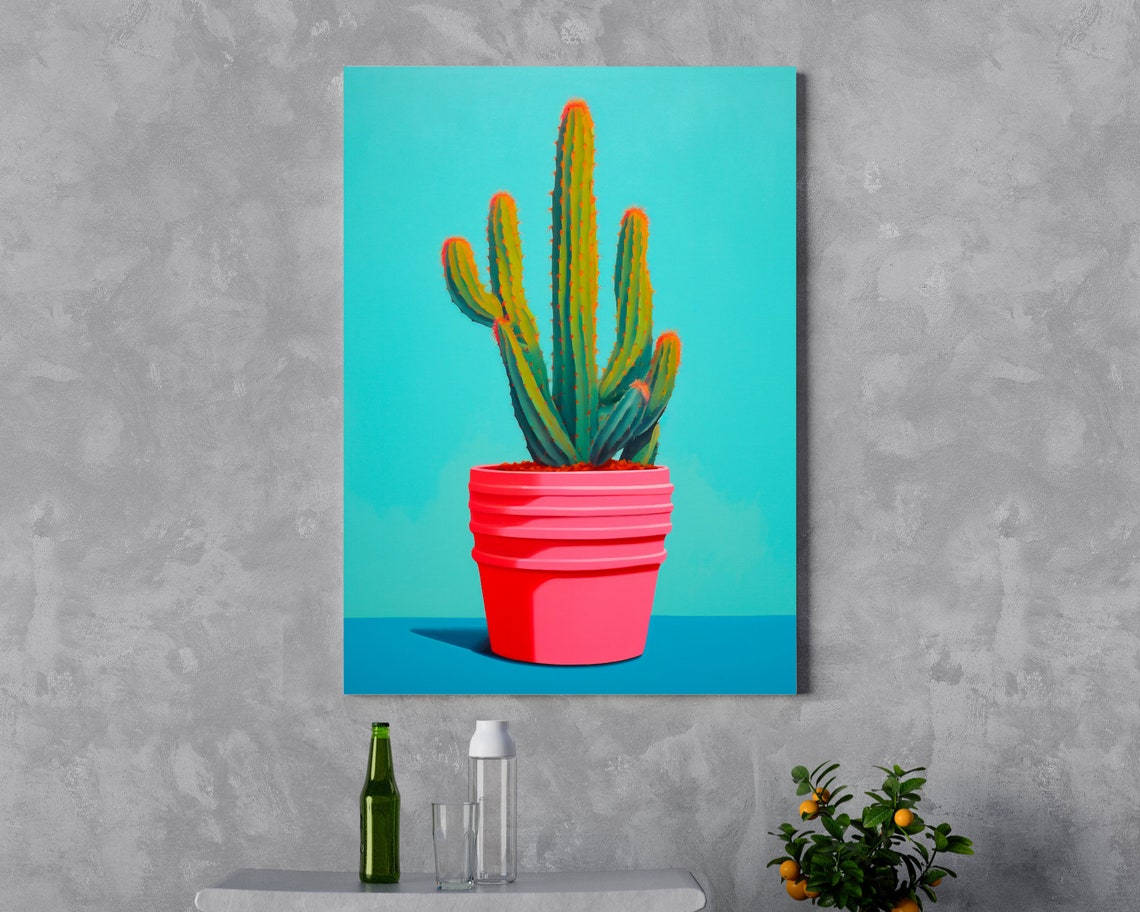 Pink Pot Cactus Turquoise Background Modern Pop Art Style Poster - Image 5