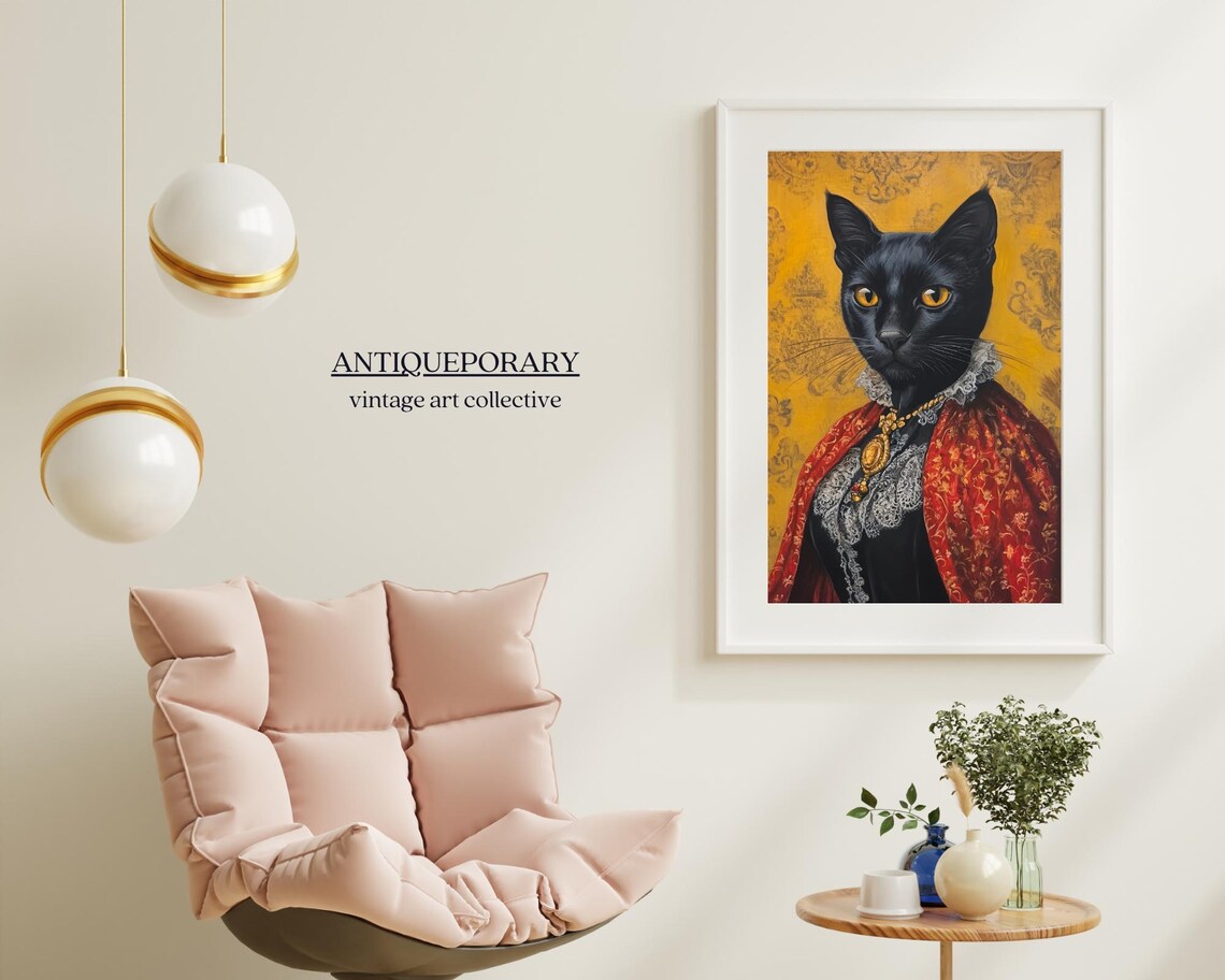 Royal Black Cat Portrait Golden Eyes Red Brocade Shawl Poster - Image 5