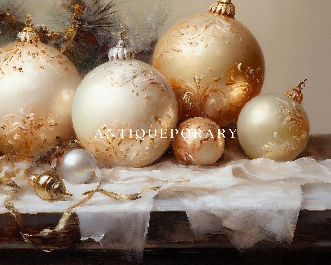 Gold and White Christmas Ornaments with Pine Still Life Poster - Image 2