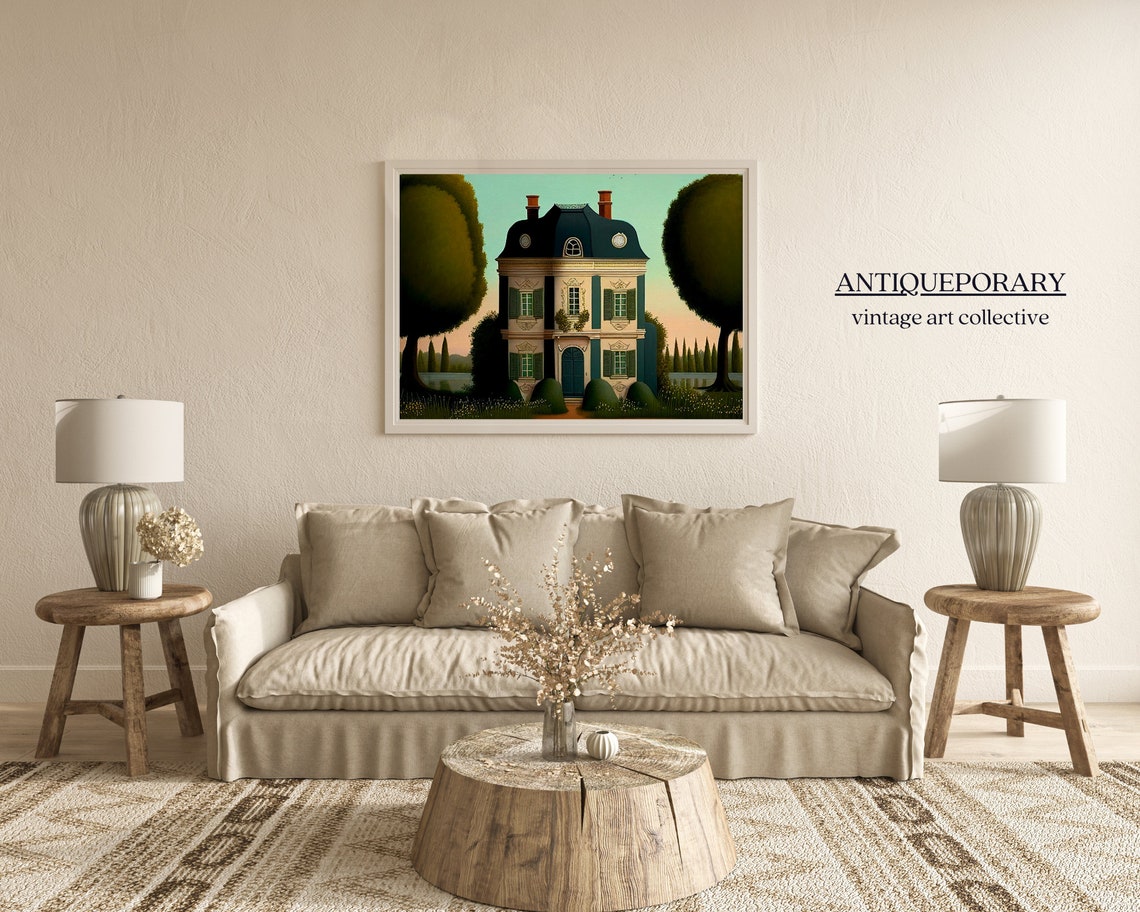 French Chateau Mansard Roof Cypress Trees Sunset Folk Art Poster - Image 4