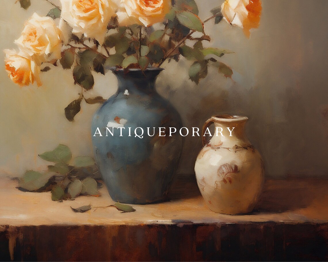 Flower Vase Still Life Oil Painting Vintage Kitchen Still Life Print Neutral Flowers Print Farmhouse Wall Decor Antique Still Life Print - Image 2