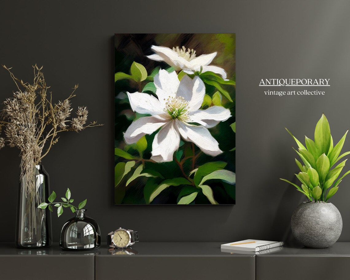 White Clematis Flowers Close Up Oil Painting Botanical Art Poster - Image 5