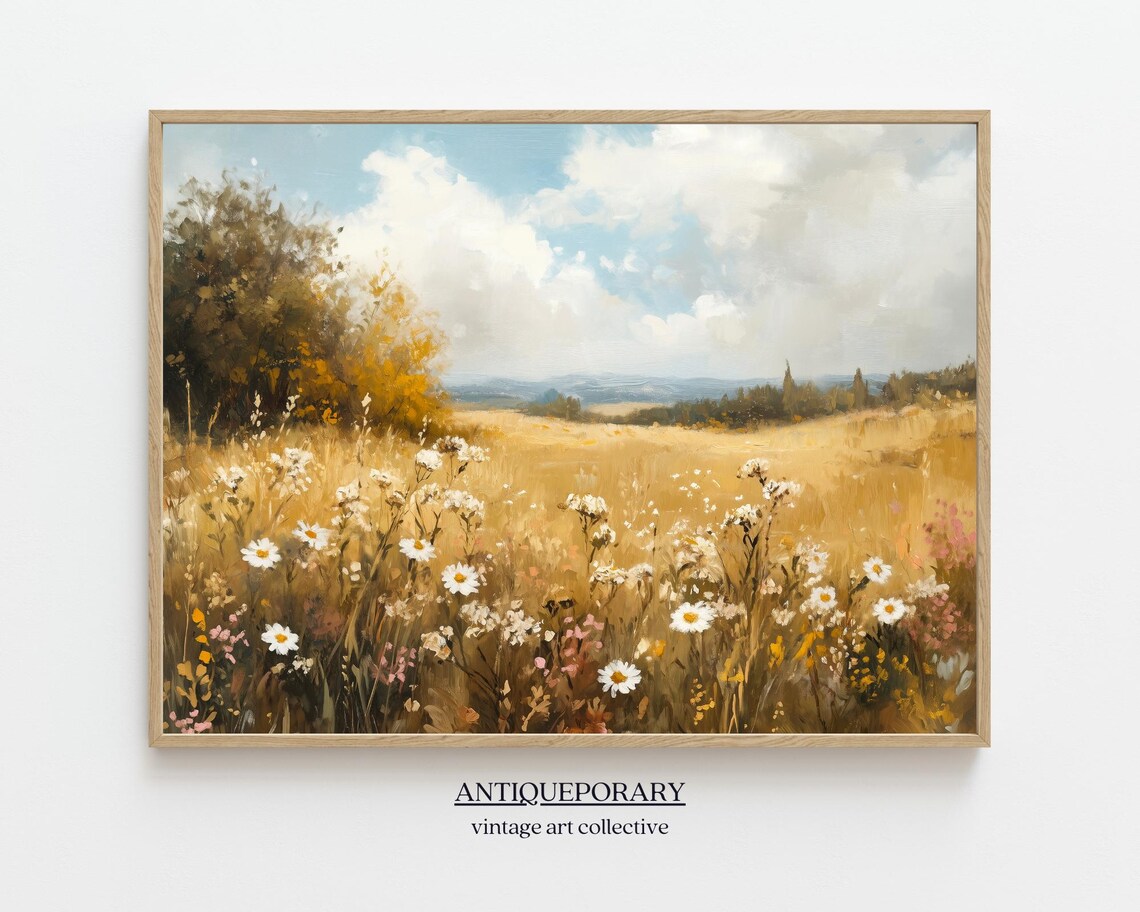 Wildflower Field Landscape Oil Painting Vintage Autumn Landscape Print Neutral Country Field Wall Art Nature