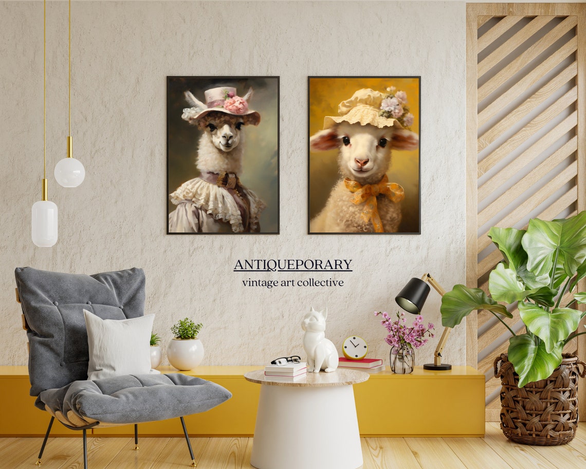 Charming Alpaca Lady Pink Floral Hat Oil Portrait Animal Art Poster - Image 2