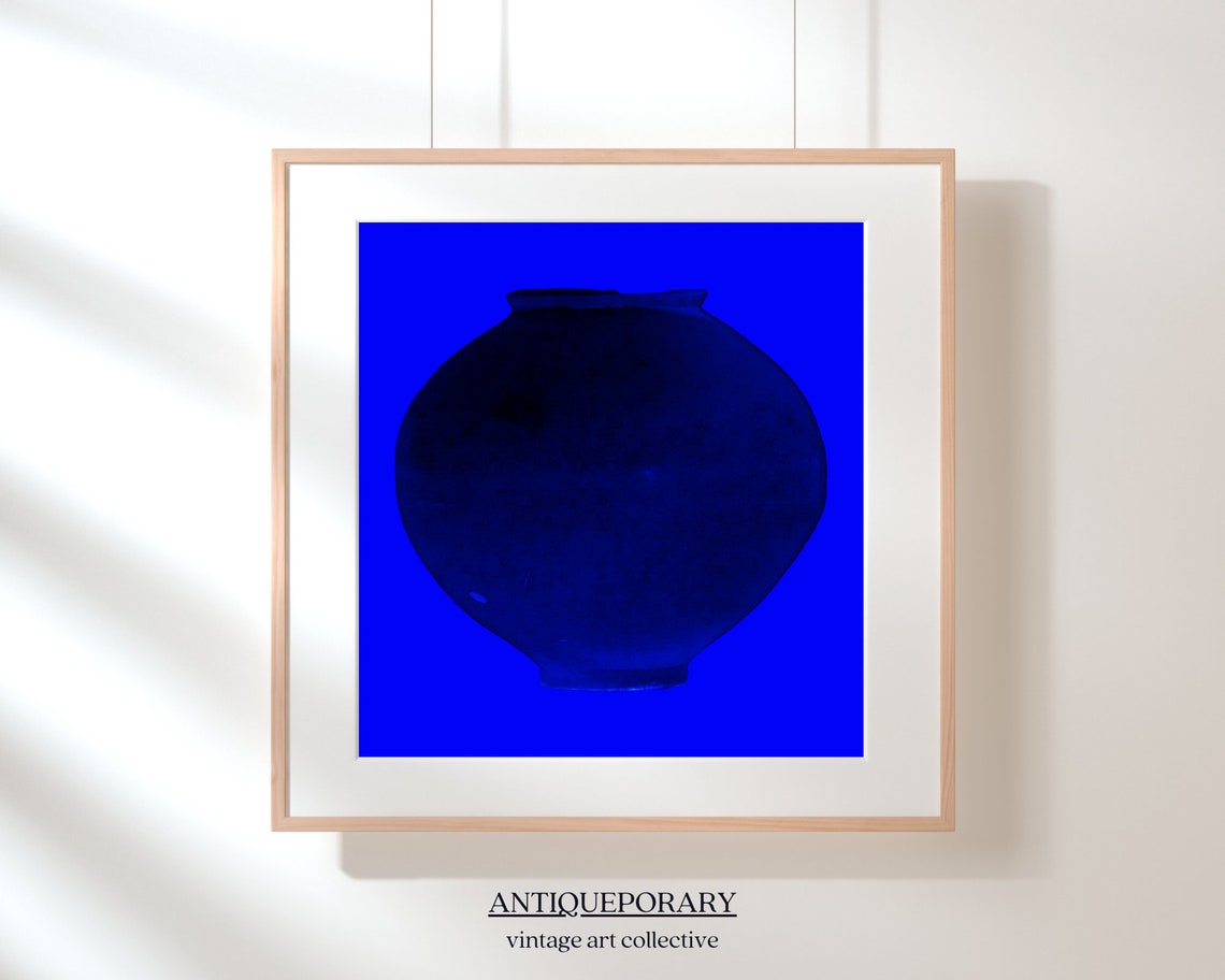 Cobalt Blue Ceramic Moon Jar Vase on Bold Blue Minimalist Art Poster - Image 6