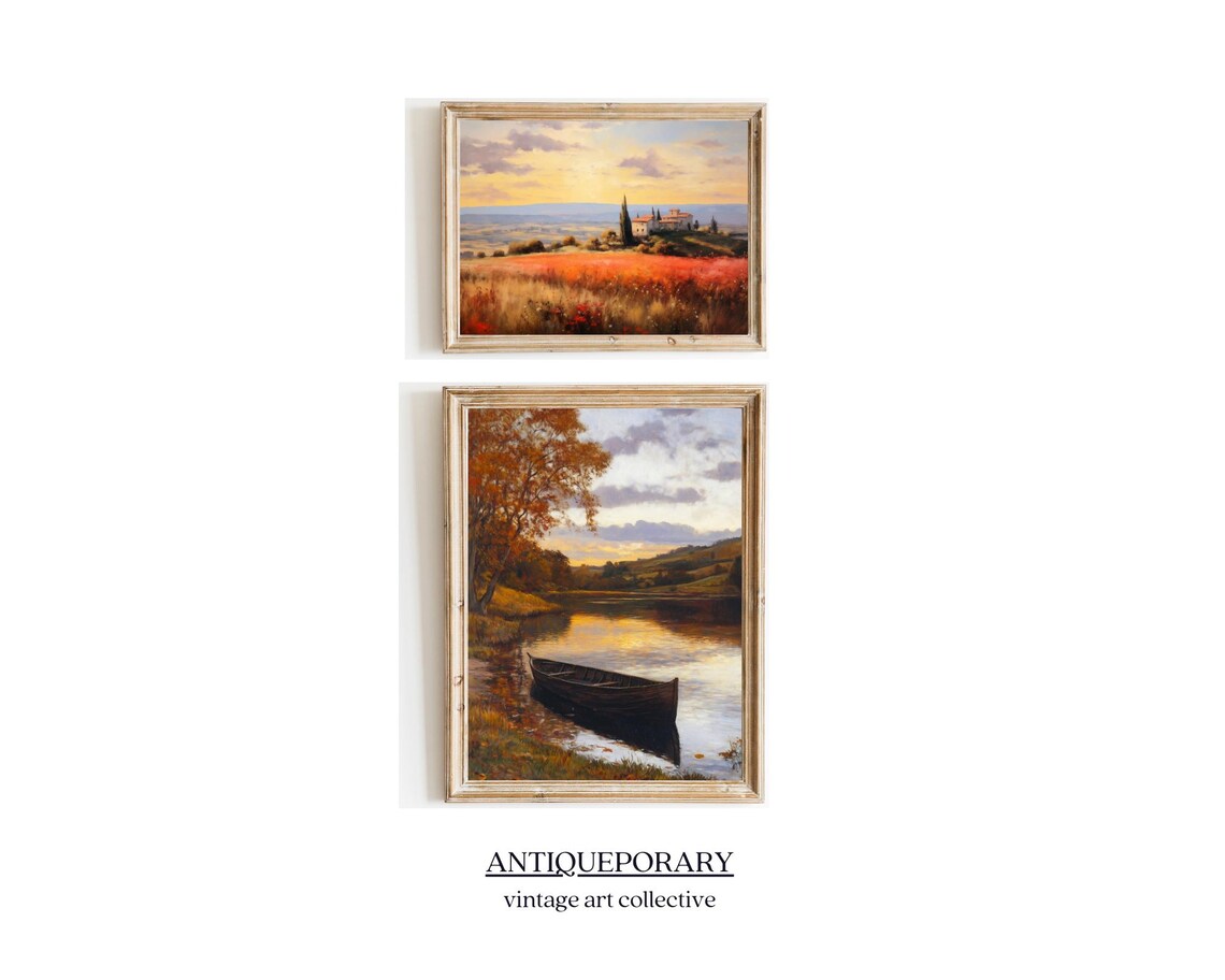 Autumn River Sunset Wooden Rowboat Vintage Landscape Art Poster - Image 4