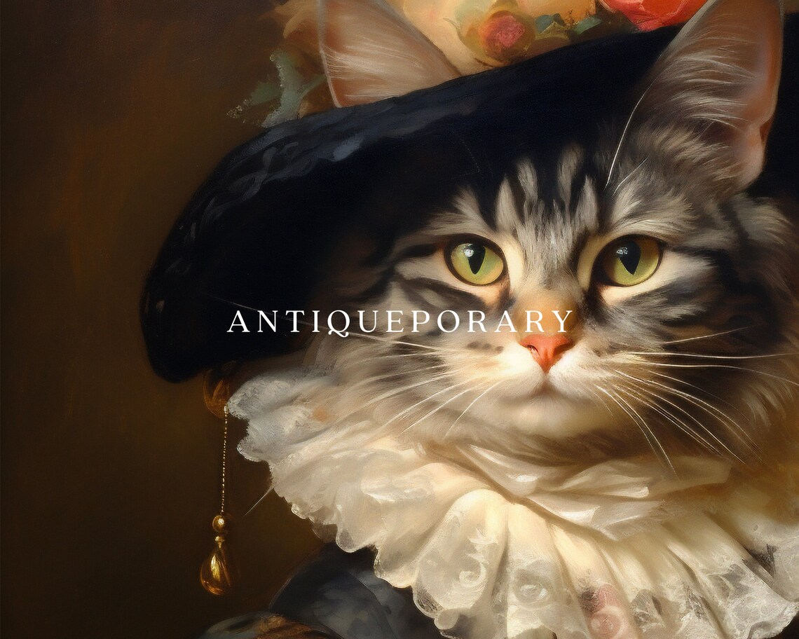 Lady Cat in Black Rose Hat Floral Victorian Gown Portrait Poster - Image 2