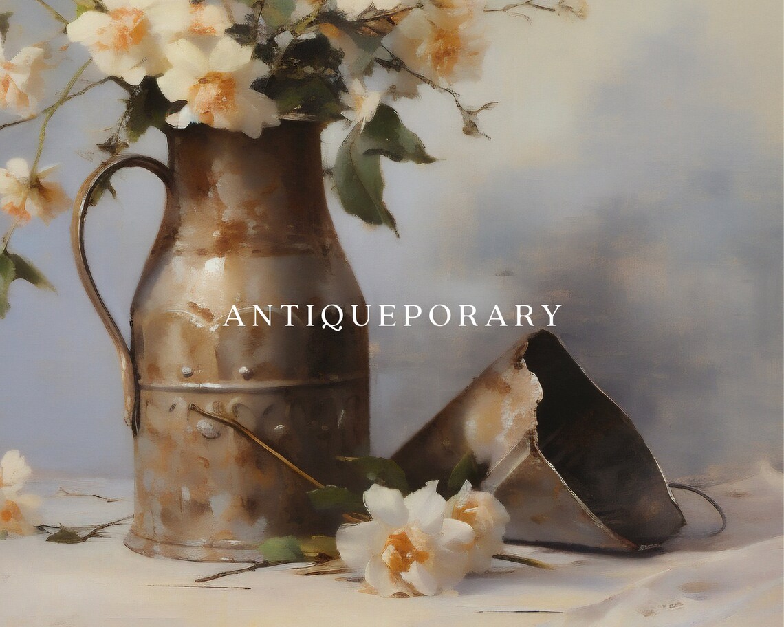 White Blossom Branches in Antique Copper Jug Vintage Still Life Poster - Image 2
