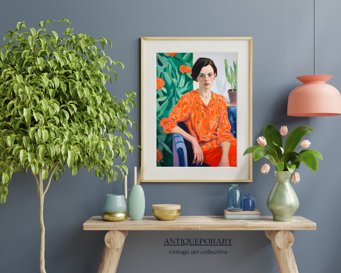 Woman in Orange Floral Blouse Modern Portrait with Tulips Poster - Image 4