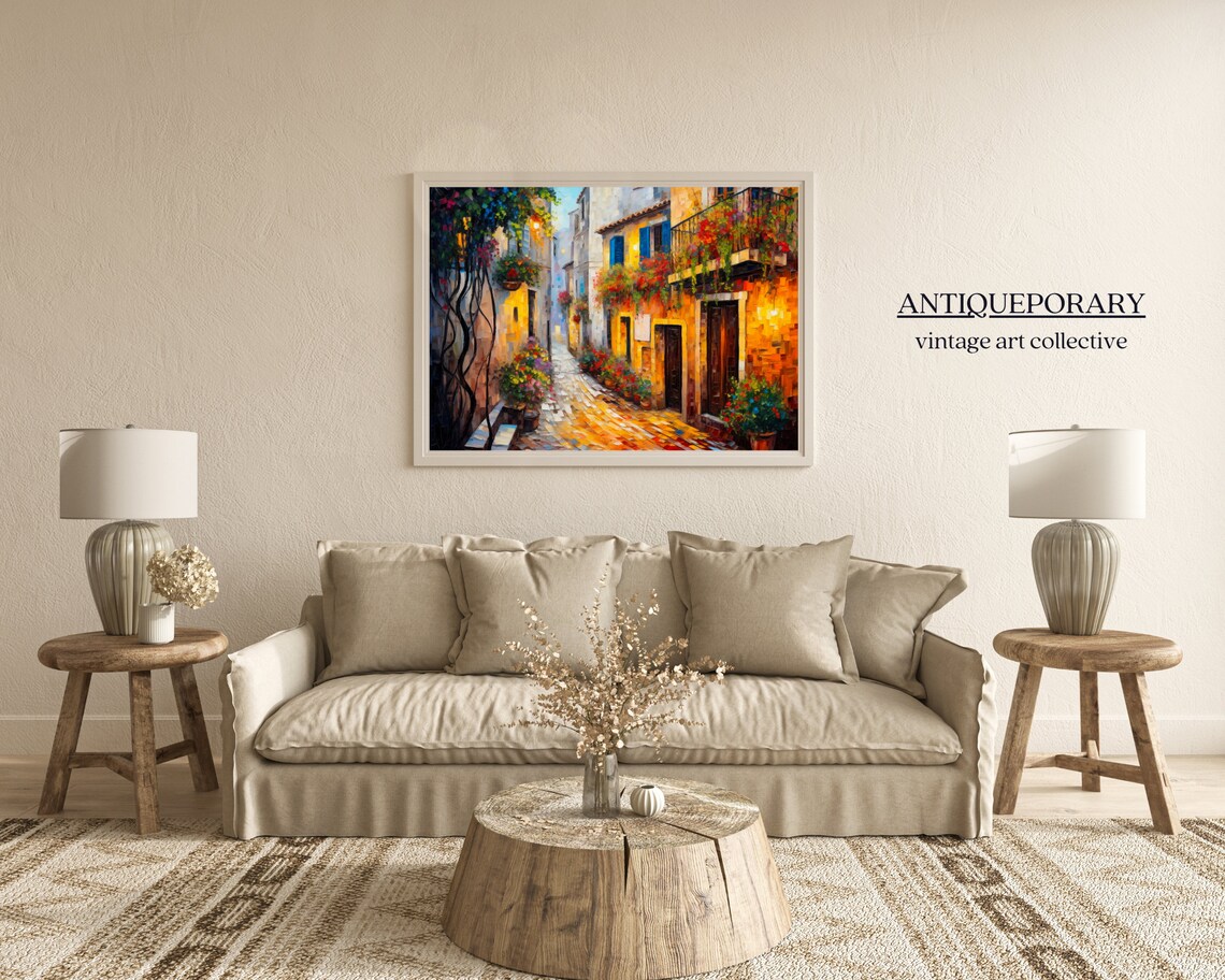 Flower Filled Italian Alley Cobblestone Street Warm Light Art Poster - Image 4
