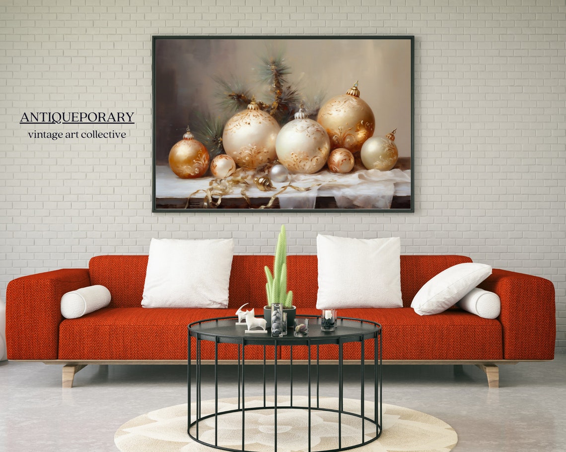 Gold and White Christmas Ornaments with Pine Still Life Poster - Image 5