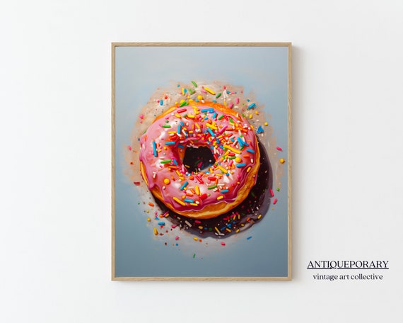 Donut Still Life Painting Pink Modern Pop Art Colorful Food Print Trendy Retro Painting Still Life Kitchen Print Fine Art