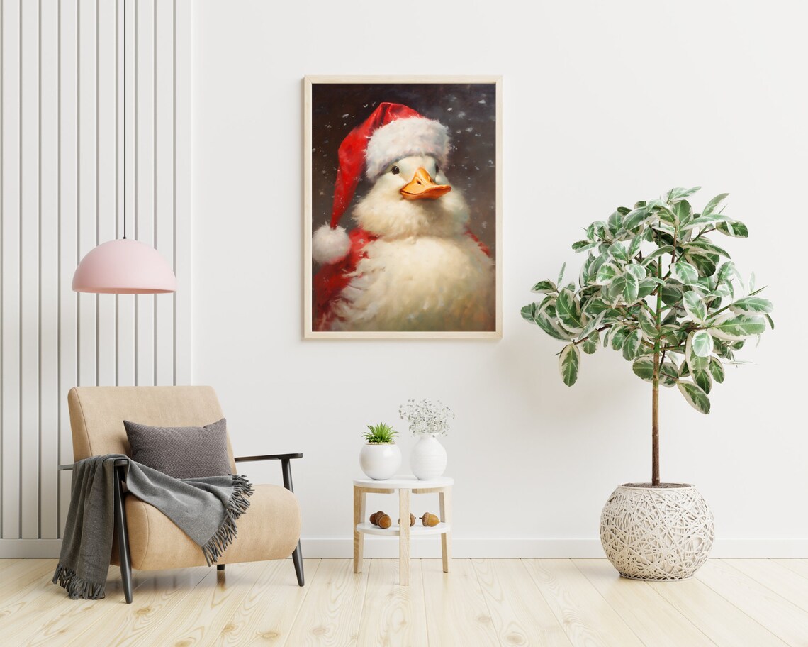 Festive Duck in Santa Hat Snowy Christmas Holiday Portrait Poster
