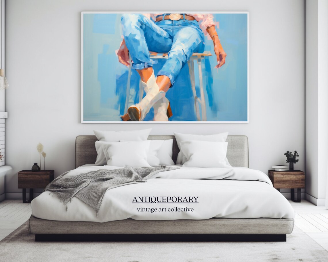 Woman in Blue Jeans and White Cowboy Boots Seated Modern Painting Poster - Image 4