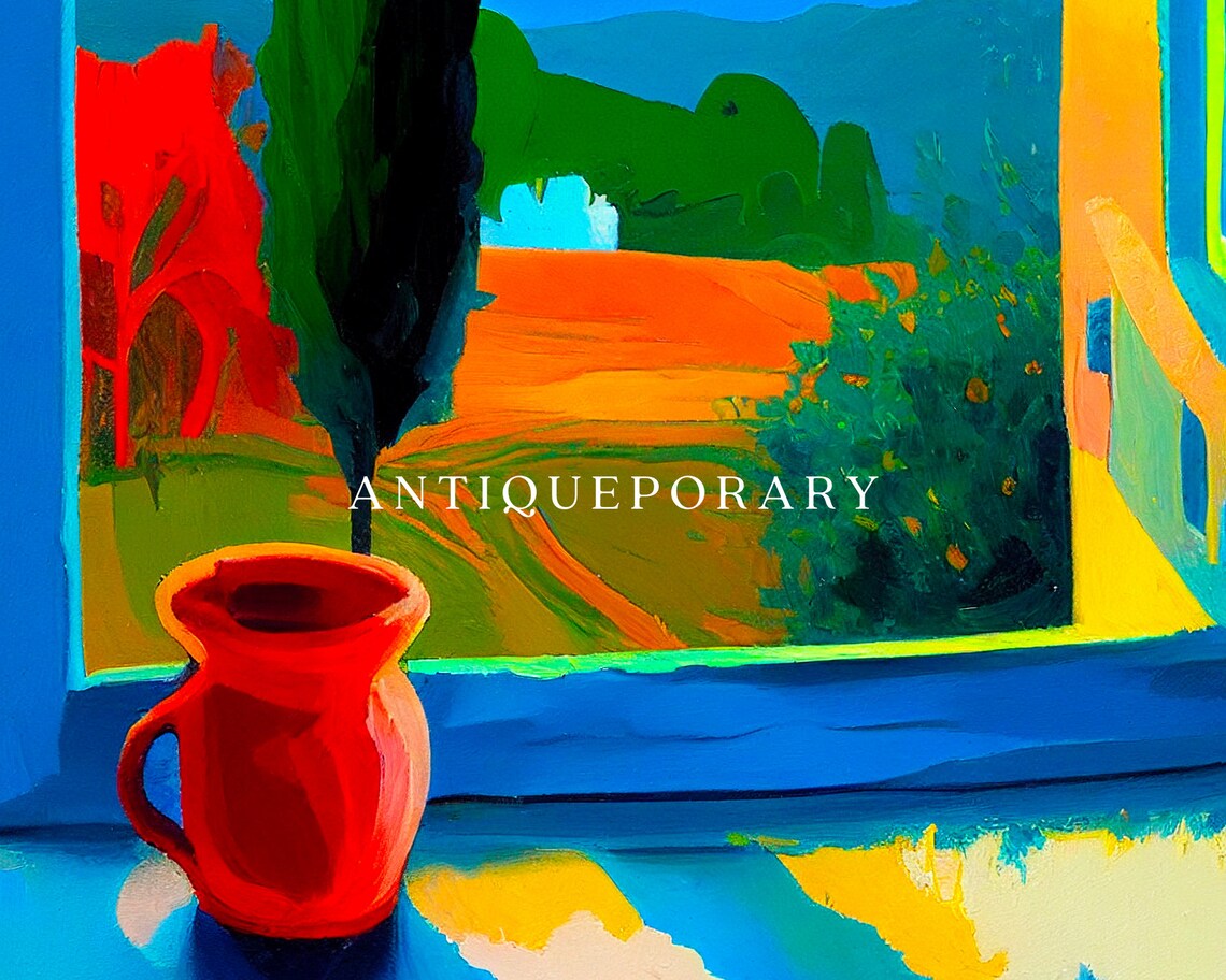 Colorful Window View Fauvist Painting Bold Blue Frame Red Jug Poster - Image 2