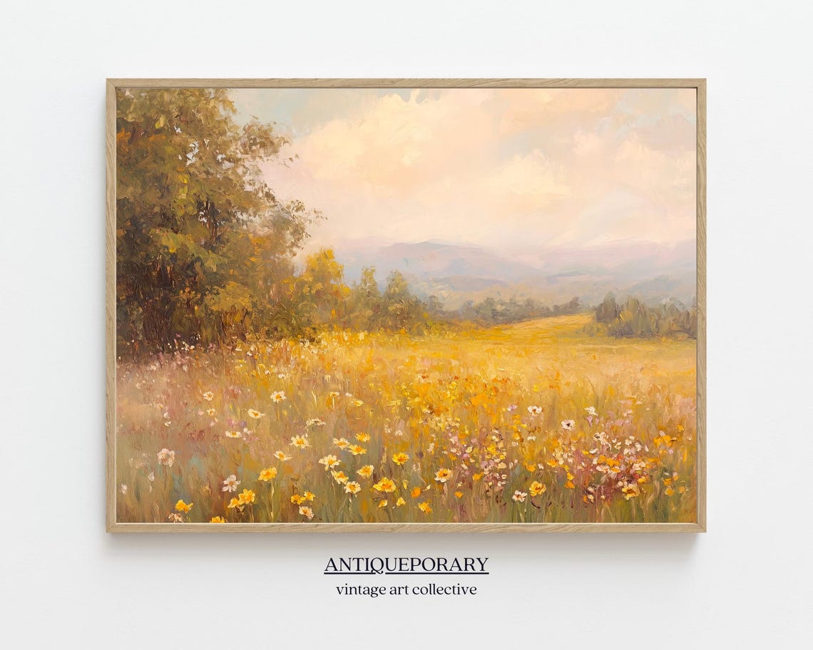 Wildflower Field Landscape Oil Painting Vintage Landscape Art Print Autumn Country Field Wall Art Nature Art