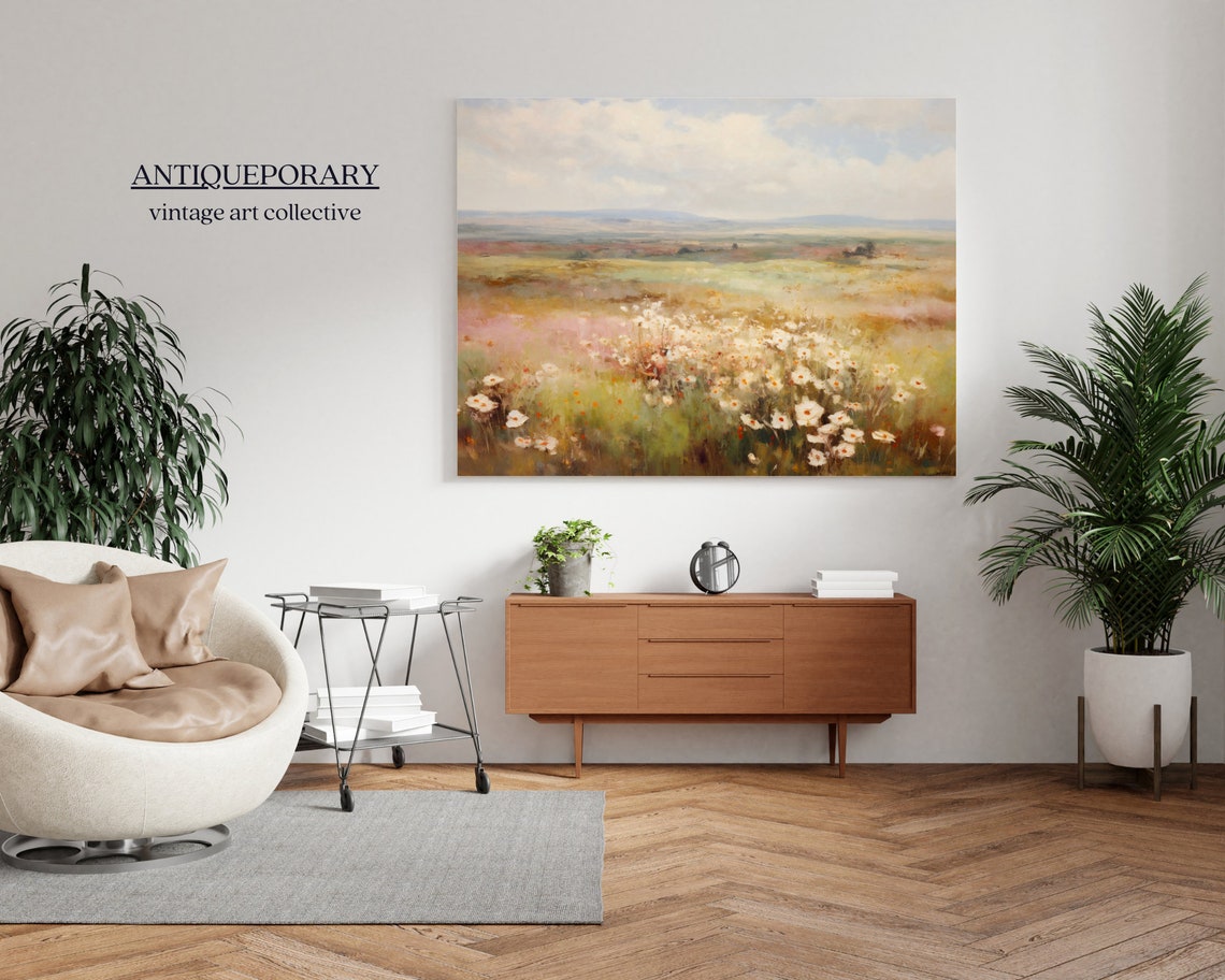 White Daisy Prairie Under Open Sky Vintage Wildflower Landscape Poster - Image 5