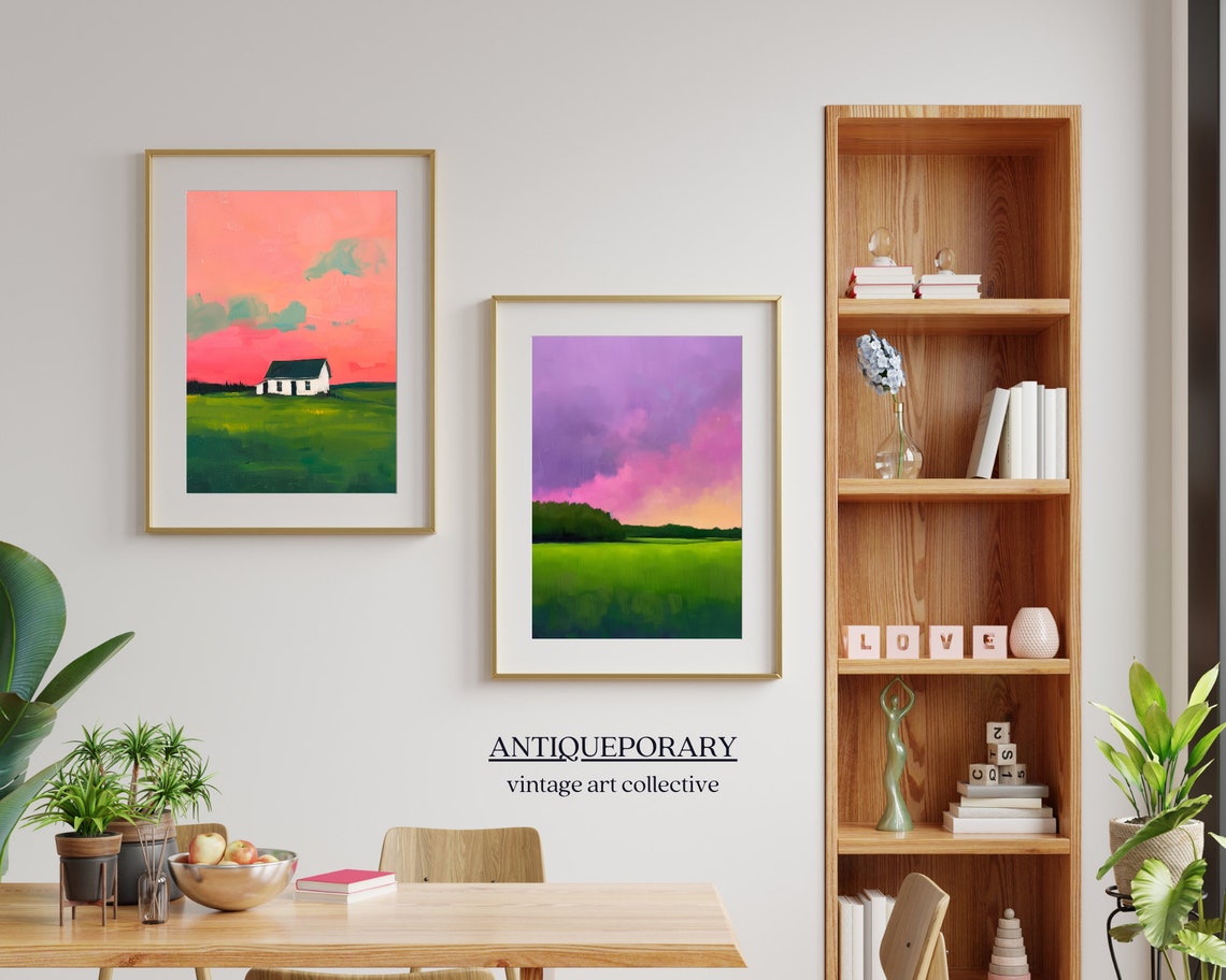 Little Farmhouse Under Pink Sunset Modern Abstract Landscape Poster - Image 6