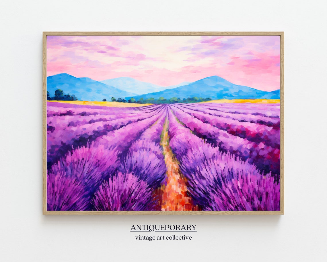 Lavender Field Rows Pink Sunset Landscape Mountain Painting Poster