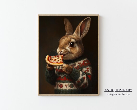 Bunny in a Christmas Sweater Happily Eating Pizza Funny Animal Poster